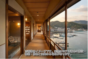 温泉や売店へ続く館内通路と勝浦湾の眺望