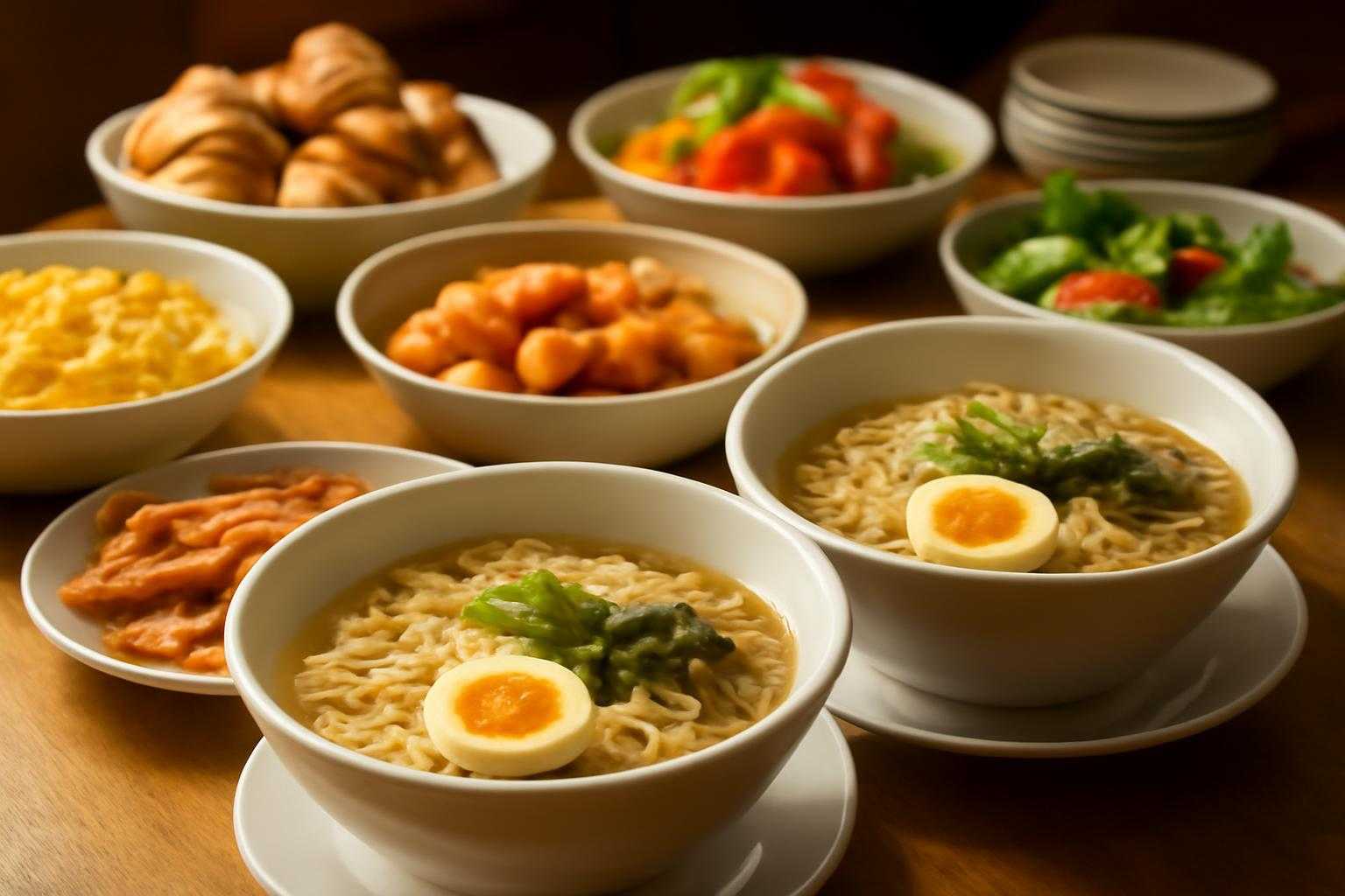 朝食ビュッフェと夜鳴きそばの料理が並んだテーブル。