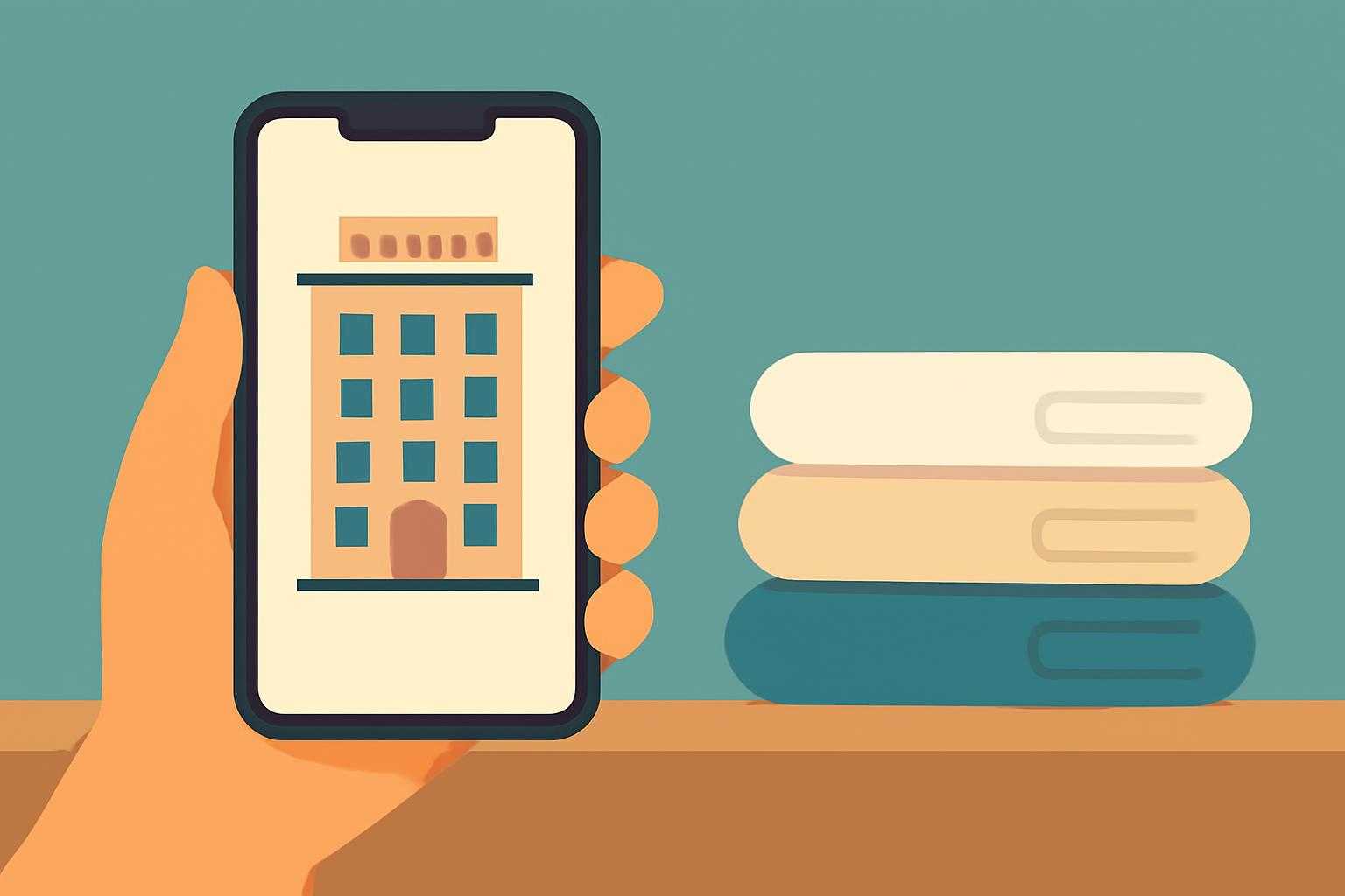 スマートフォンでホテルに連絡している手と返却されたタオルのイメージ