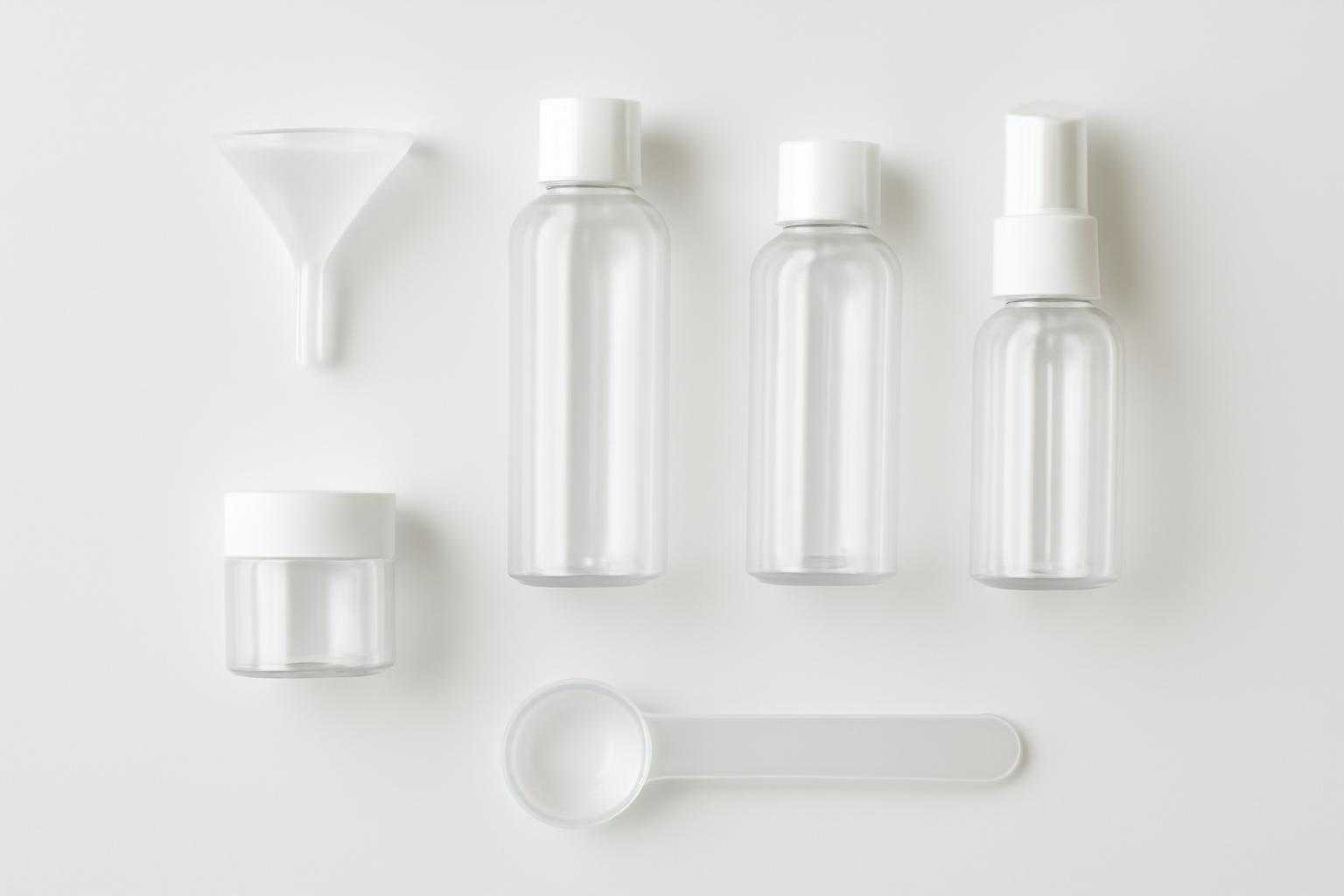シャンプーを小分けボトルに詰める準備工程を示す画像