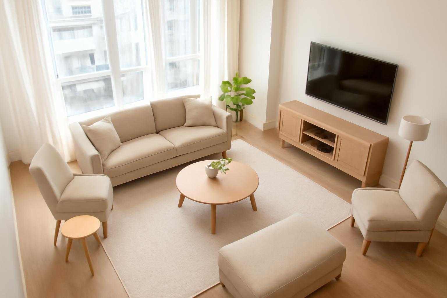 広々としたコンドミニアムの部屋でくつろぐ様子を上空から見た視点