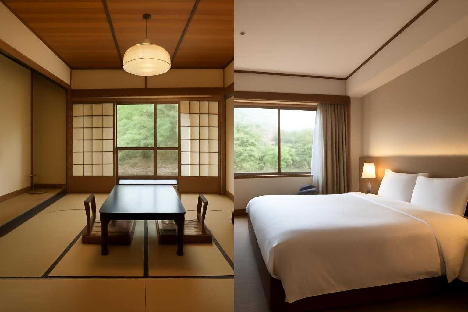 和室と洋室が並んだ旅館の客室の比較