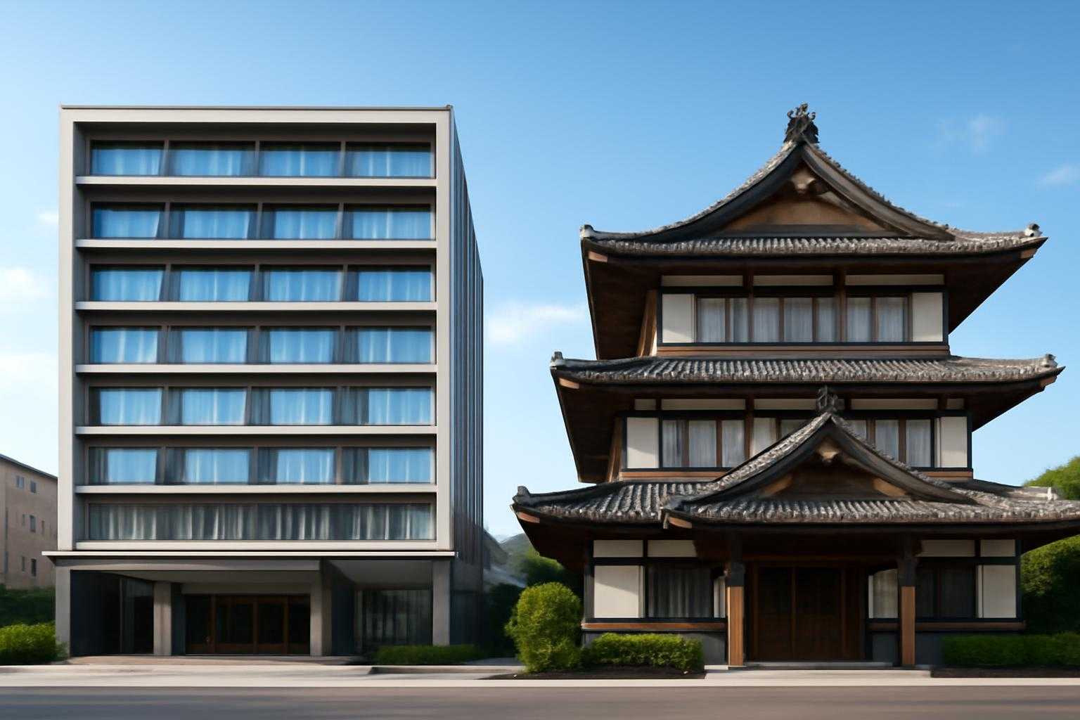 2つの異なるホテルの建物が並んでいる比較イメージ