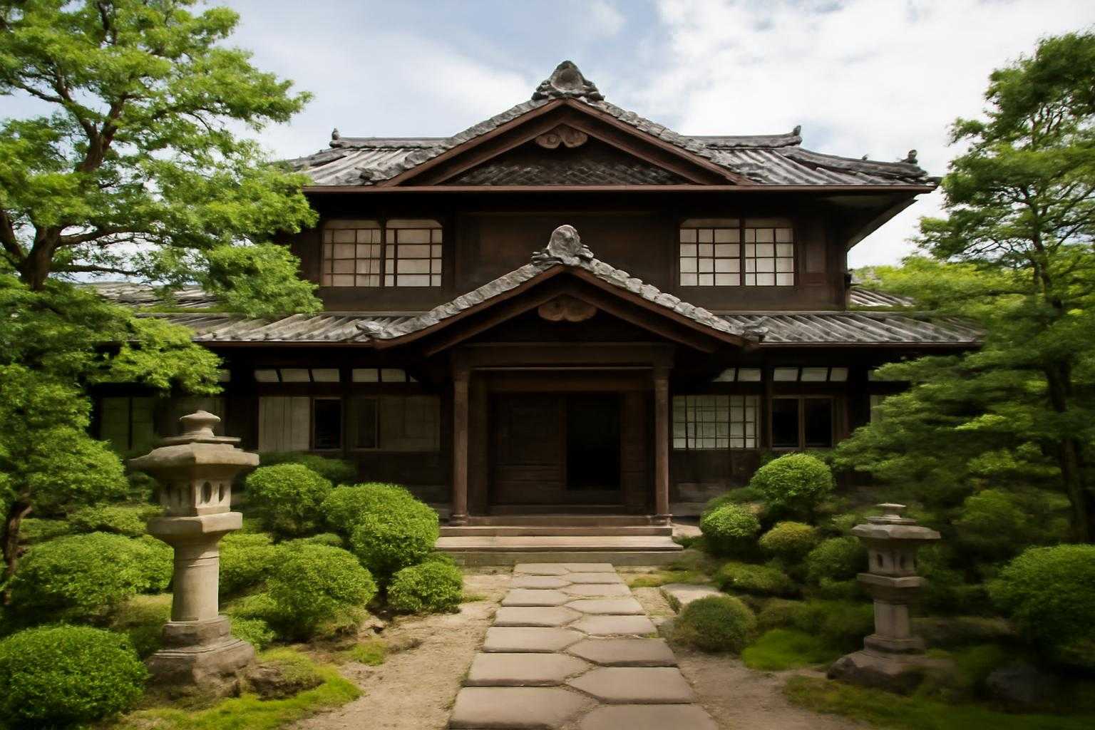 木造建築の温泉旅館本館の外観と庭園