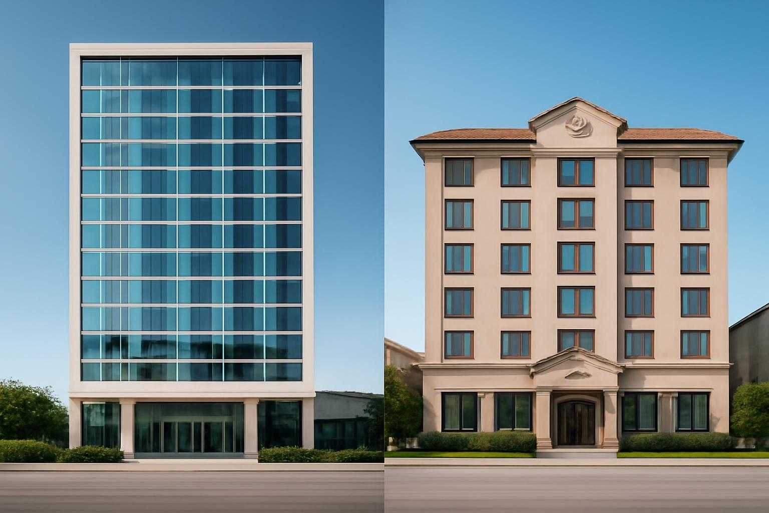 二つのホテル建物を並べた比較イメージ、異なるデザインと配置の違いを表現