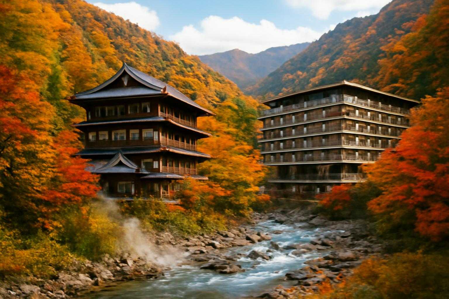 ホテルニュー塩原の本館と湯仙峡の2つの建物が並んでいる様子