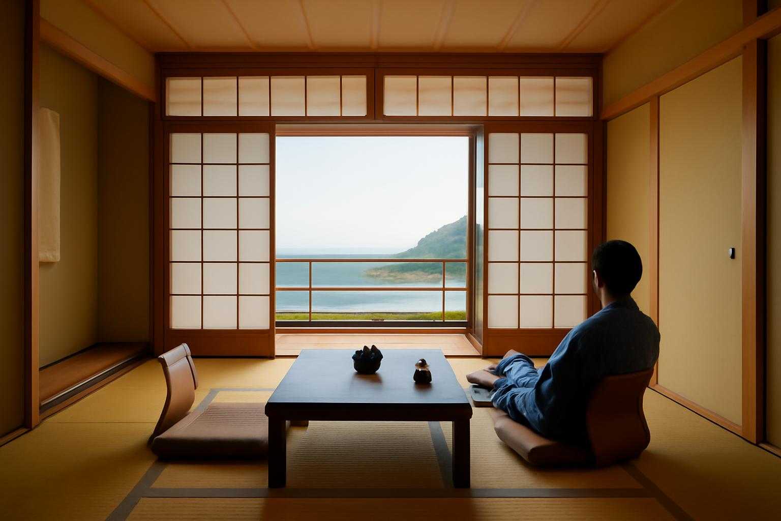 熱海温泉ホテル大野屋の本館客室の和室と浴衣姿でくつろぐ様子