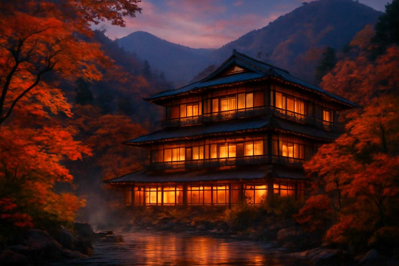 鬼怒川温泉の夜景と和風建築が映る、つばき亭の外観イメージ