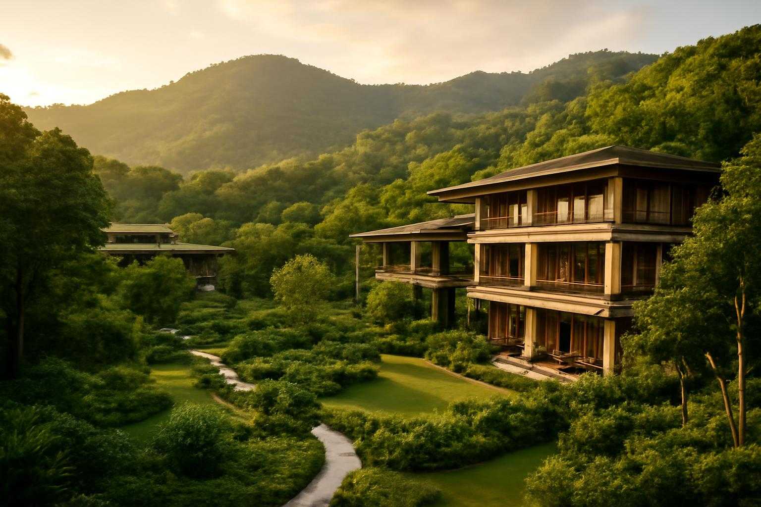 緑に囲まれた高級リゾートの外観と庭園の風景