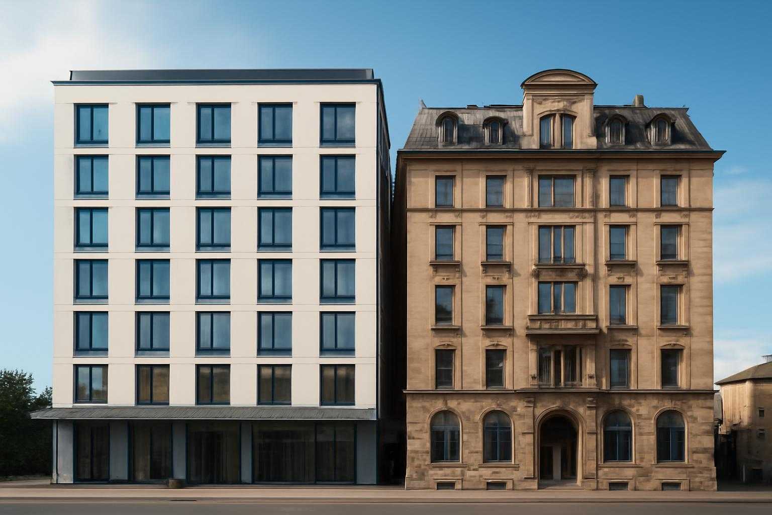新しい建物と古い建物が並んでいるホテルの外観イメージ