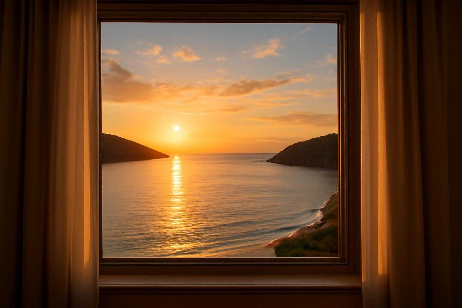 海を望むホテルの客室から眺める湾の風景と夕焼け