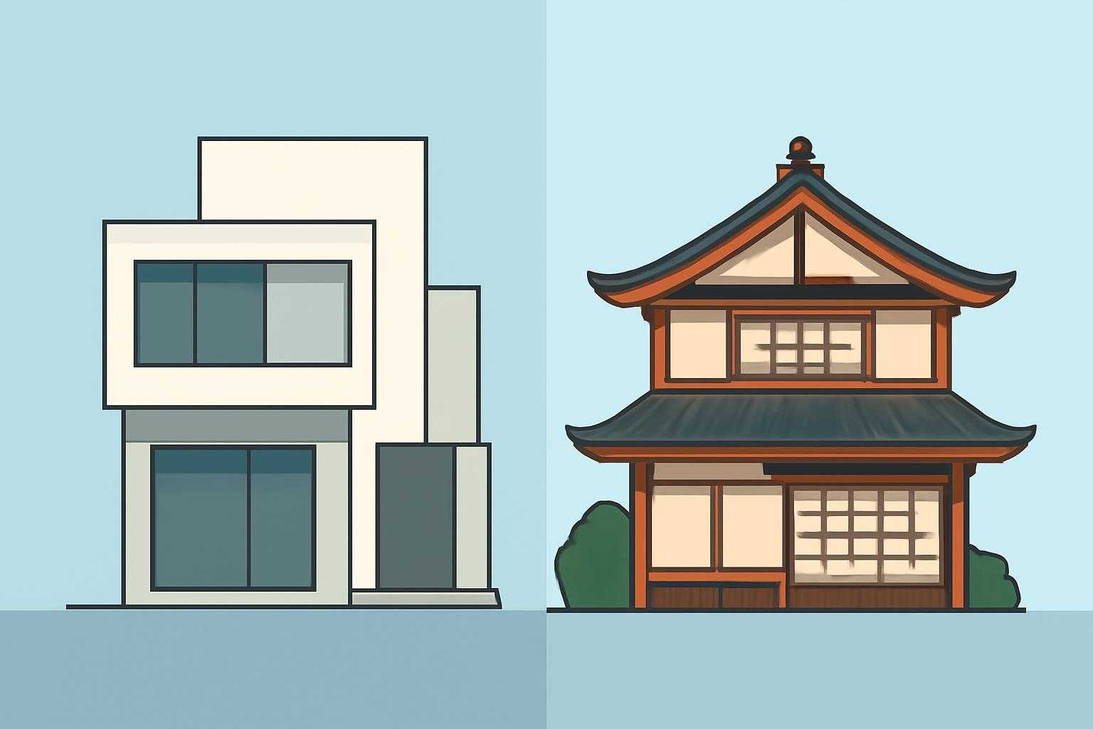 モダンな建物と伝統的な建物が並んでいるコンセプト比較のイメージ
