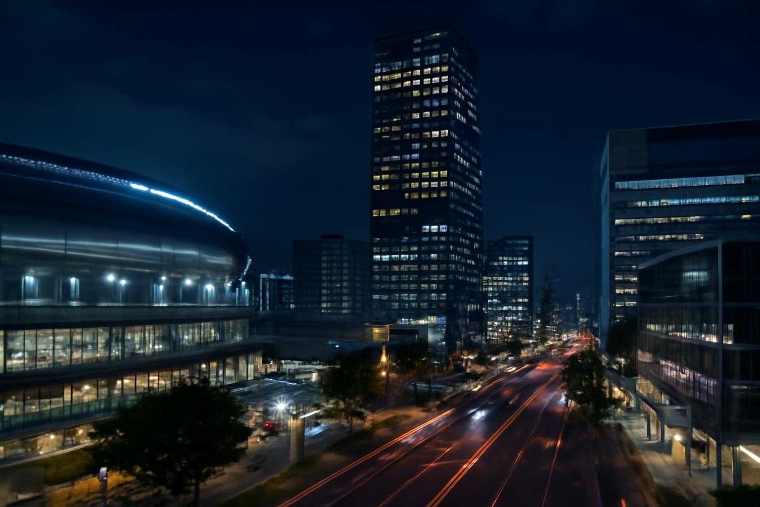 広島駅周辺の夜景とスタジアムの外観を示す都市風景