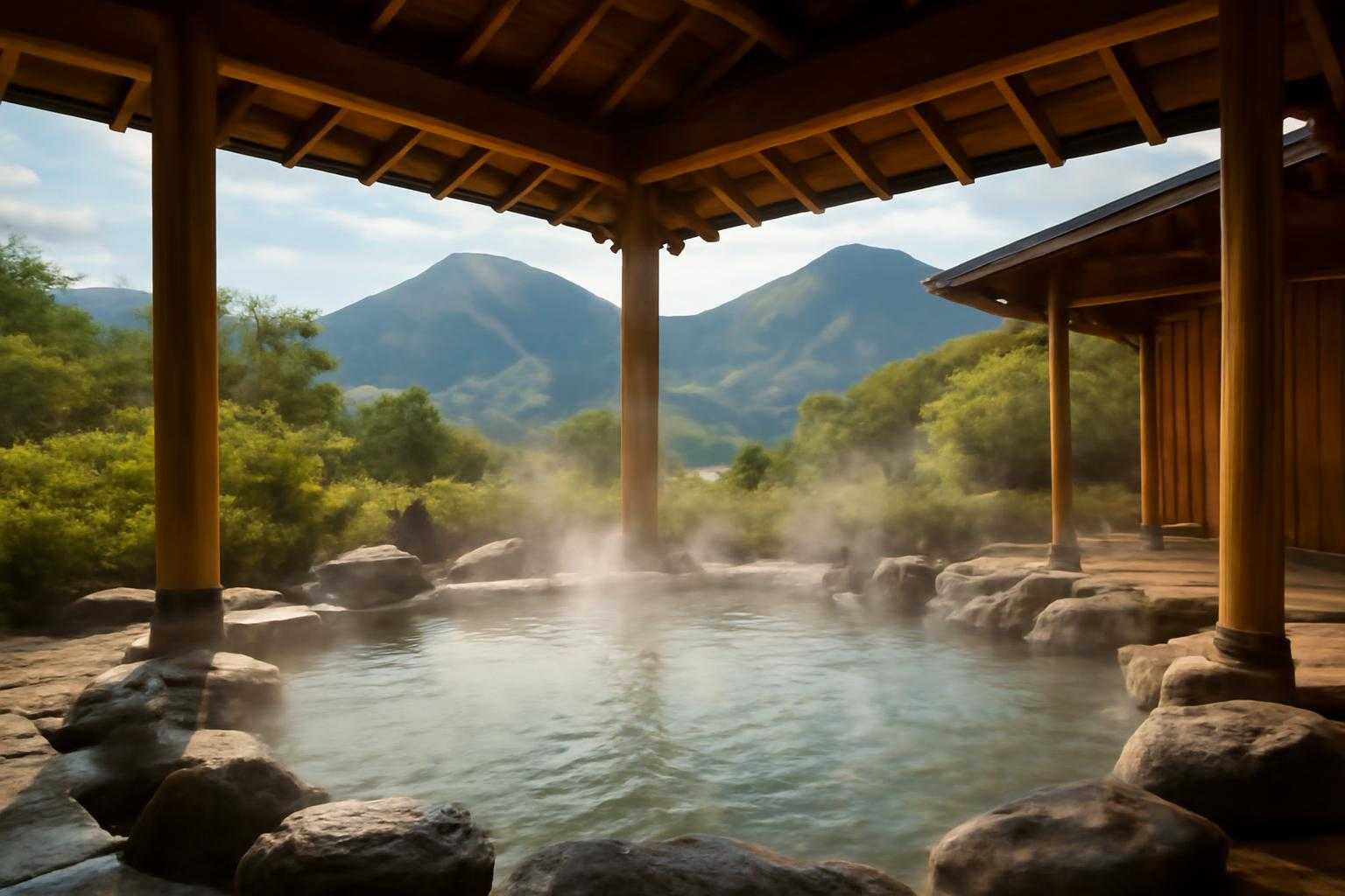 豊かな源泉から湯気が立ち上る露天風呂と温泉施設