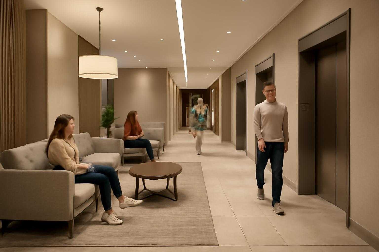 ホテルの館内着で移動する人々がいるロビーやエレベーター周辺の風景