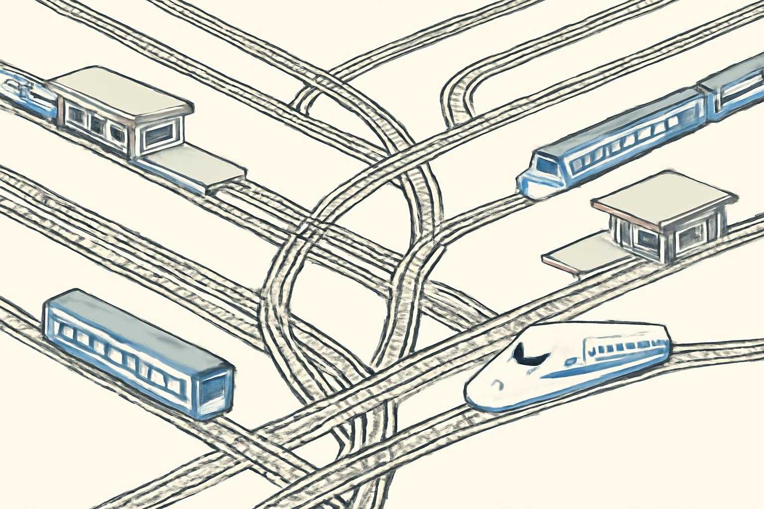 神戸駅と新神戸駅を繋ぐ複数の鉄道路線のイメージ図