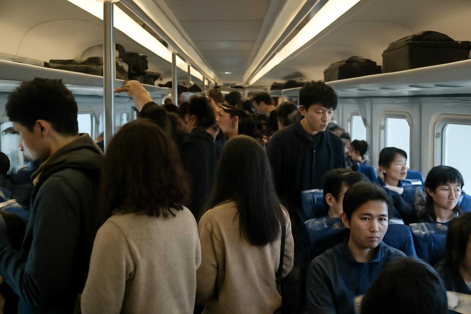 満員の新幹線車内で乗客が密集している様子