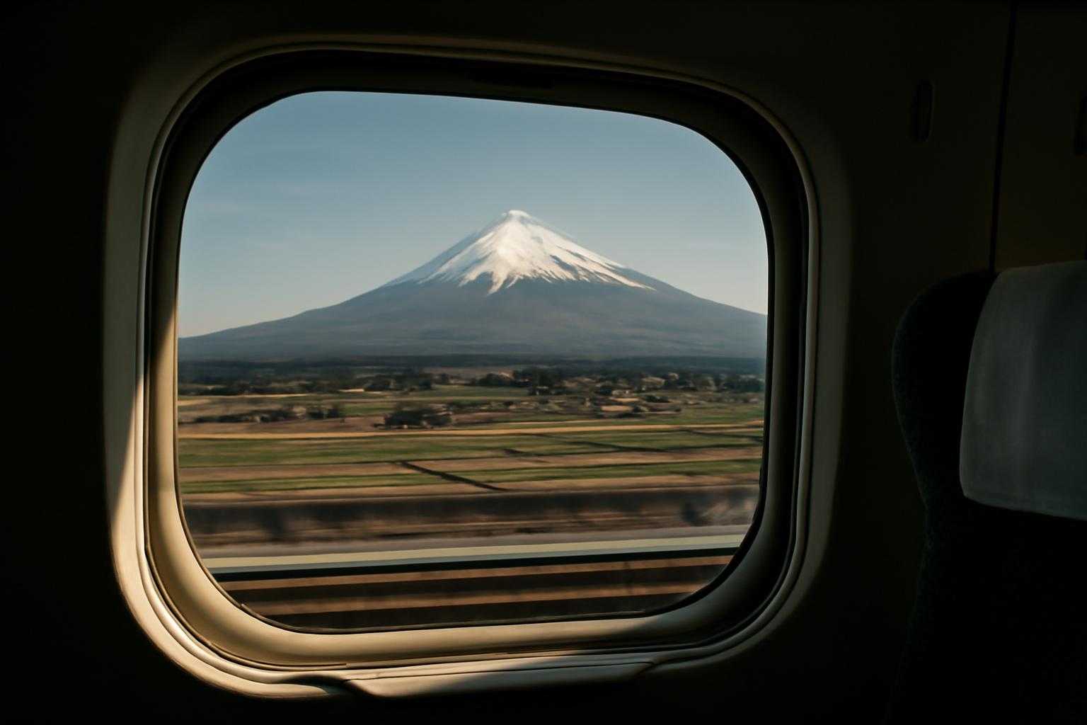新幹線の車窓から富士山が見える風景を捉えた写真