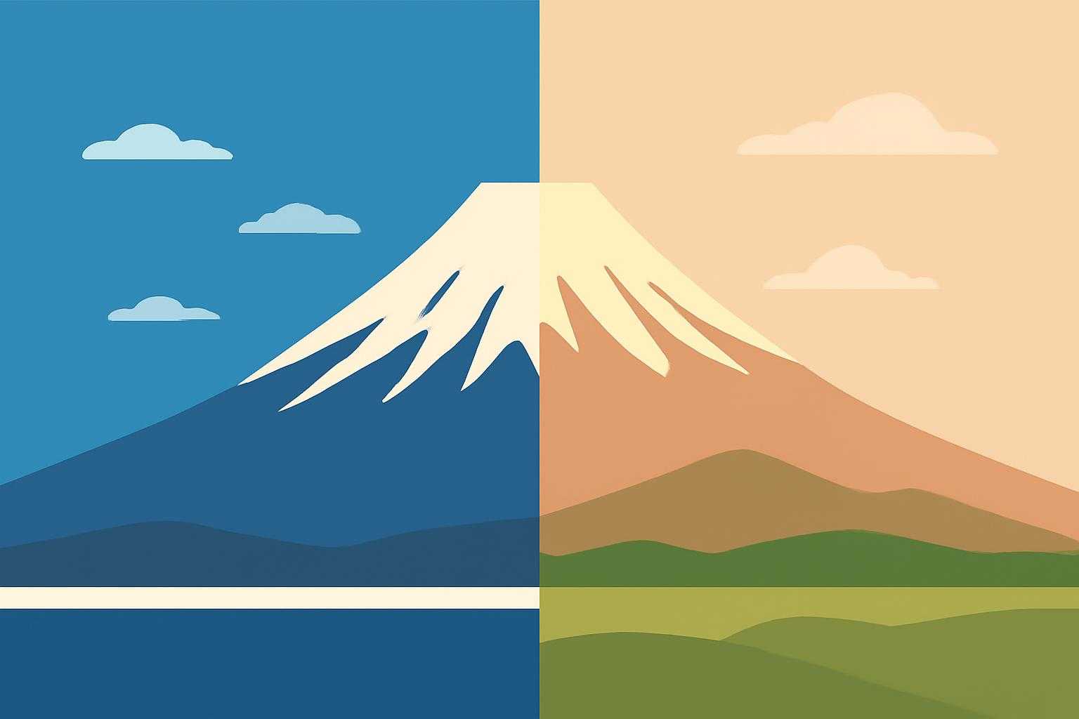 冬の澄んだ空に映える富士山と、春の雲がかかった富士山の比較イラスト