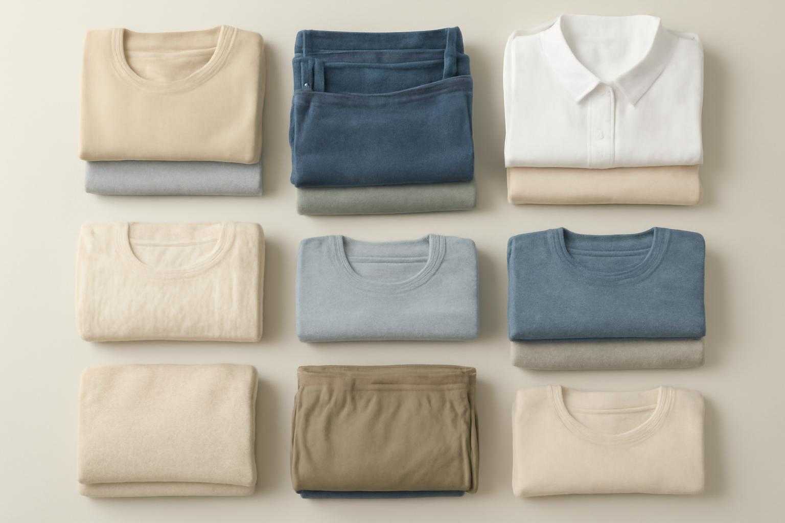 折りたたまれた衣類や服が積み重ねられている様子を上から見た写真