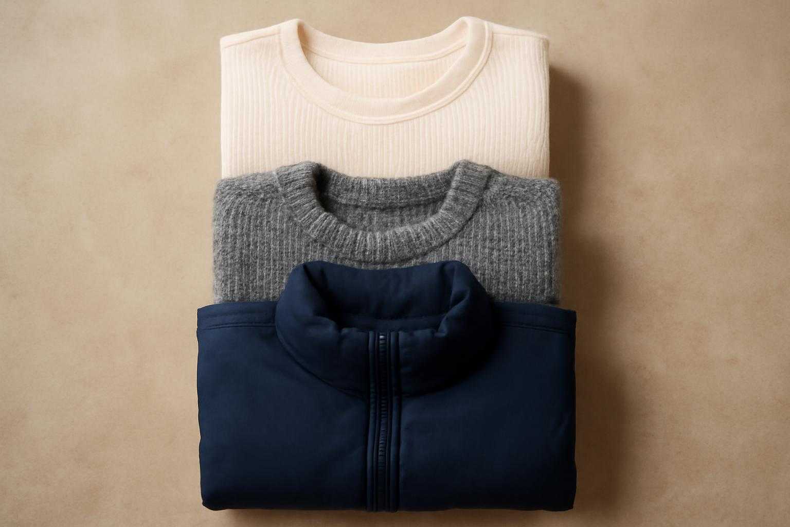 冬の重ね着ファッションで、セーター、ジャケット、ヒートテックなどの衣類が積み重ねられている