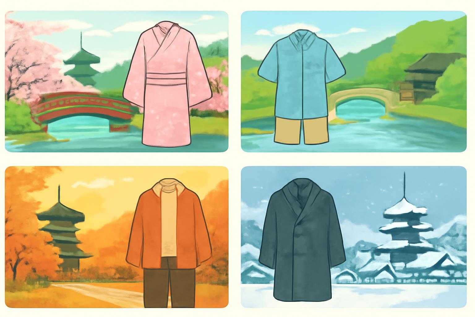 春夏秋冬の京都の風景と季節ごとの服装アイテムを並べたコラージュ