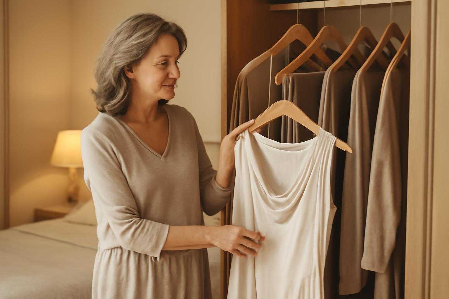50代女性が鏡の前で自分に合った服装を選んでいるシーン