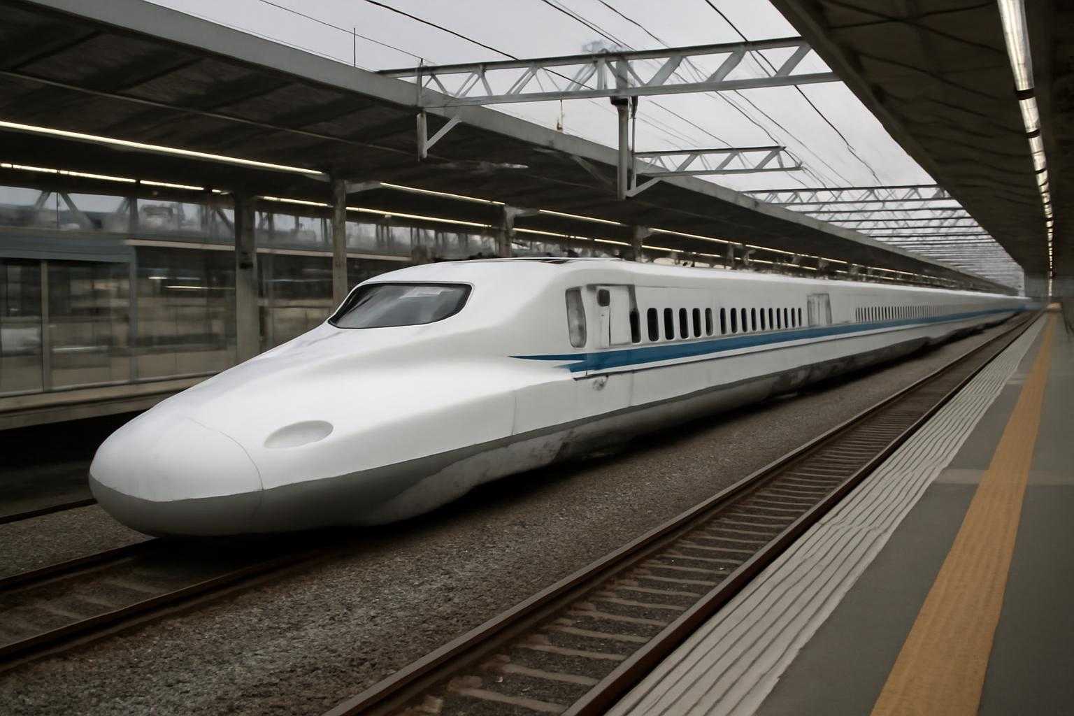 駅のプラットフォームに停車している新幹線の全体像