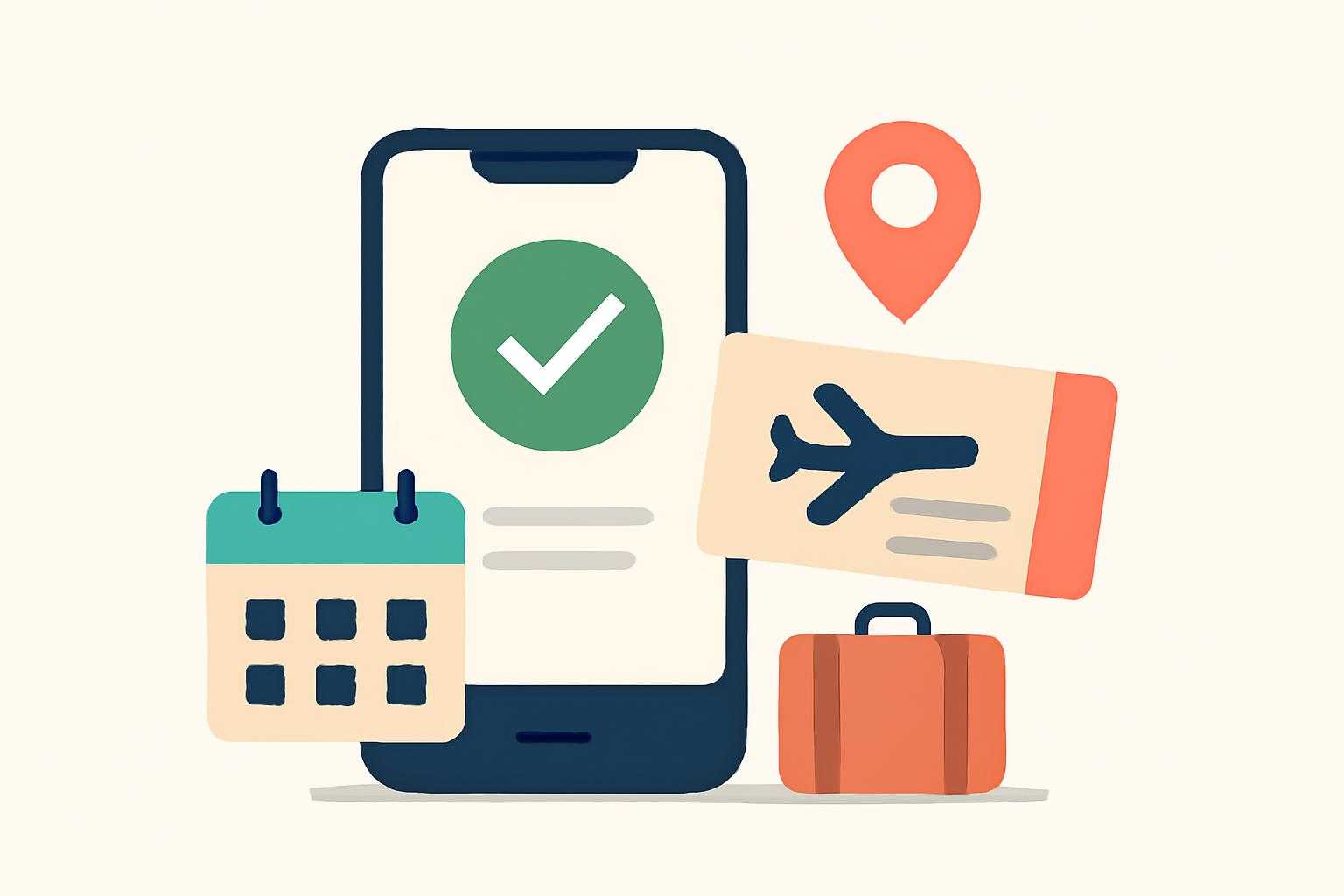 スマートフォンと航空券、予約確認画面を示す旅の準備風景