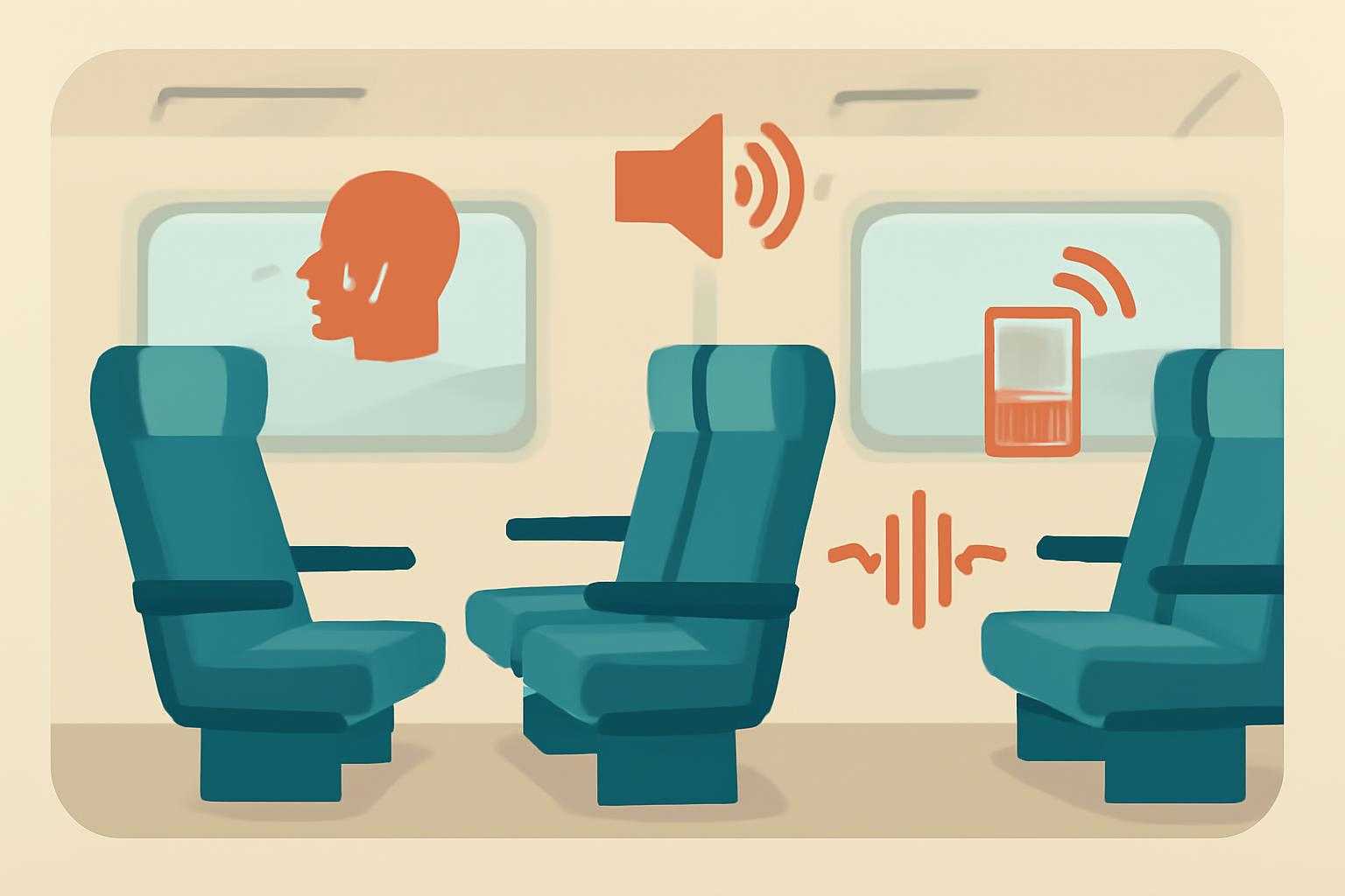 新幹線の車両内で、騒音源となる箇所を示す図解的な座席配置イラスト