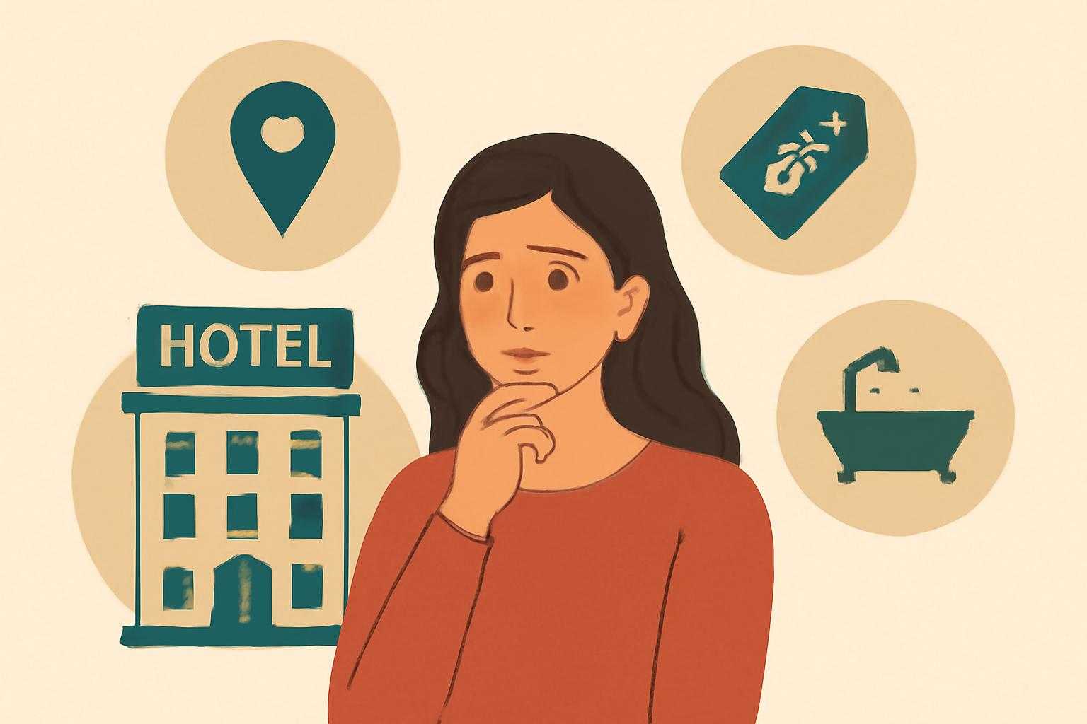 ホテルの選び方を考える女性と、アクセス、価格、施設などの要素