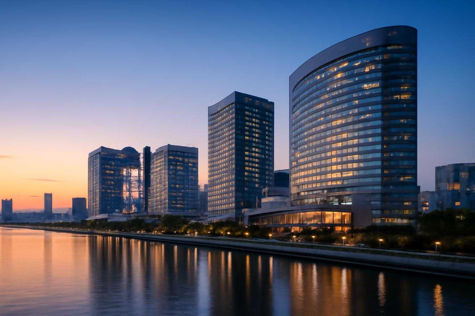 有明エリアのモダンなホテル建物と、お台場の夜景風景