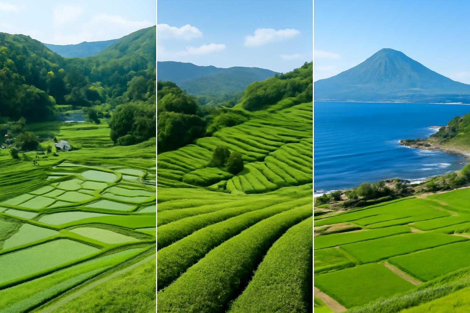 愛媛県の複数の地域を示す地図上の異なる場所や特徴的な風景の比較イメージ