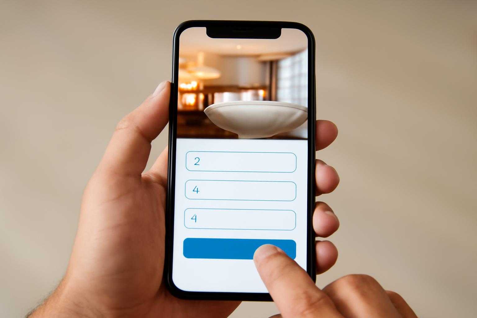 スマートフォンでホテル予約をしている手元のクローズアップ