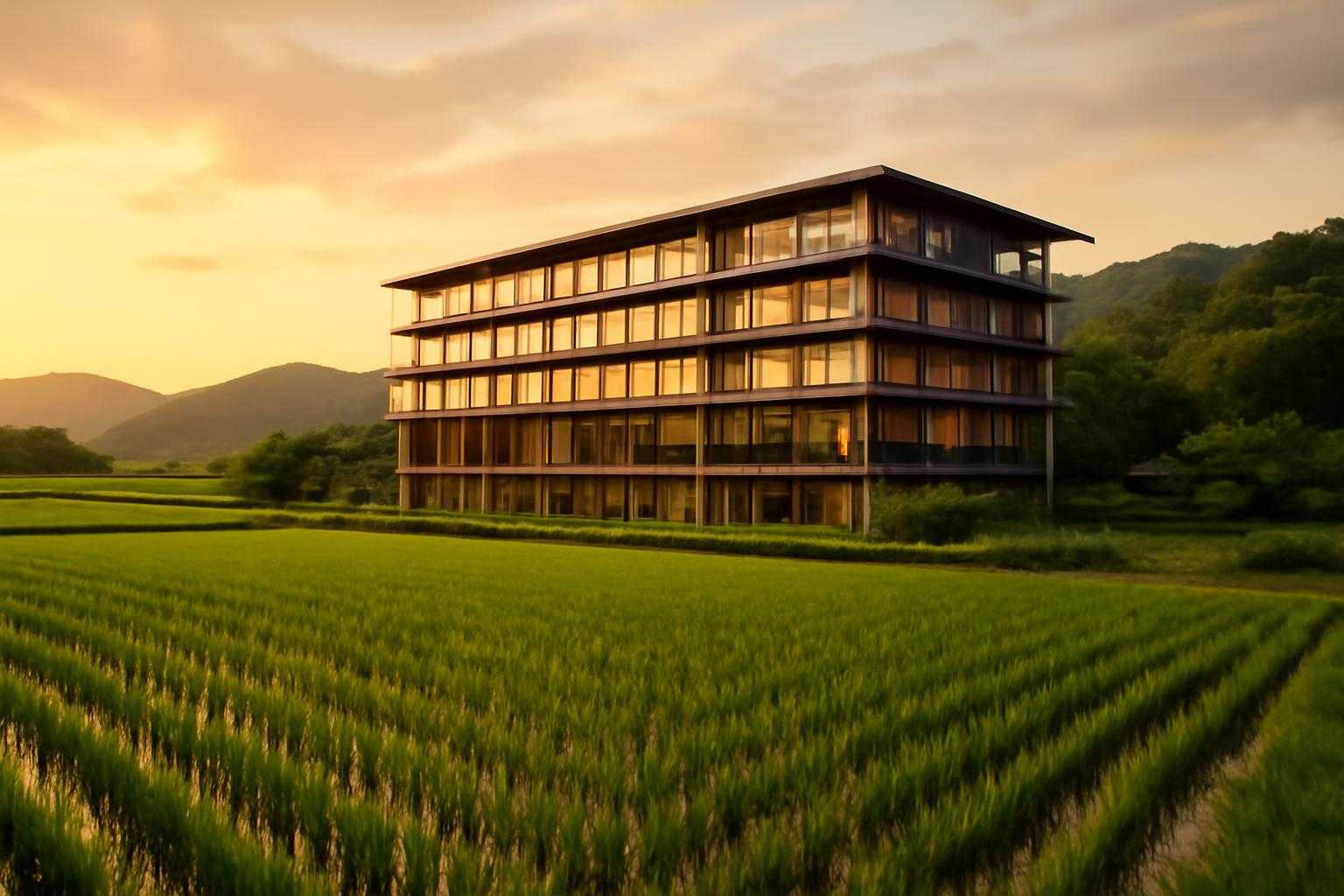 山形県の田園風景に佇むモダンなホテル建築の外観