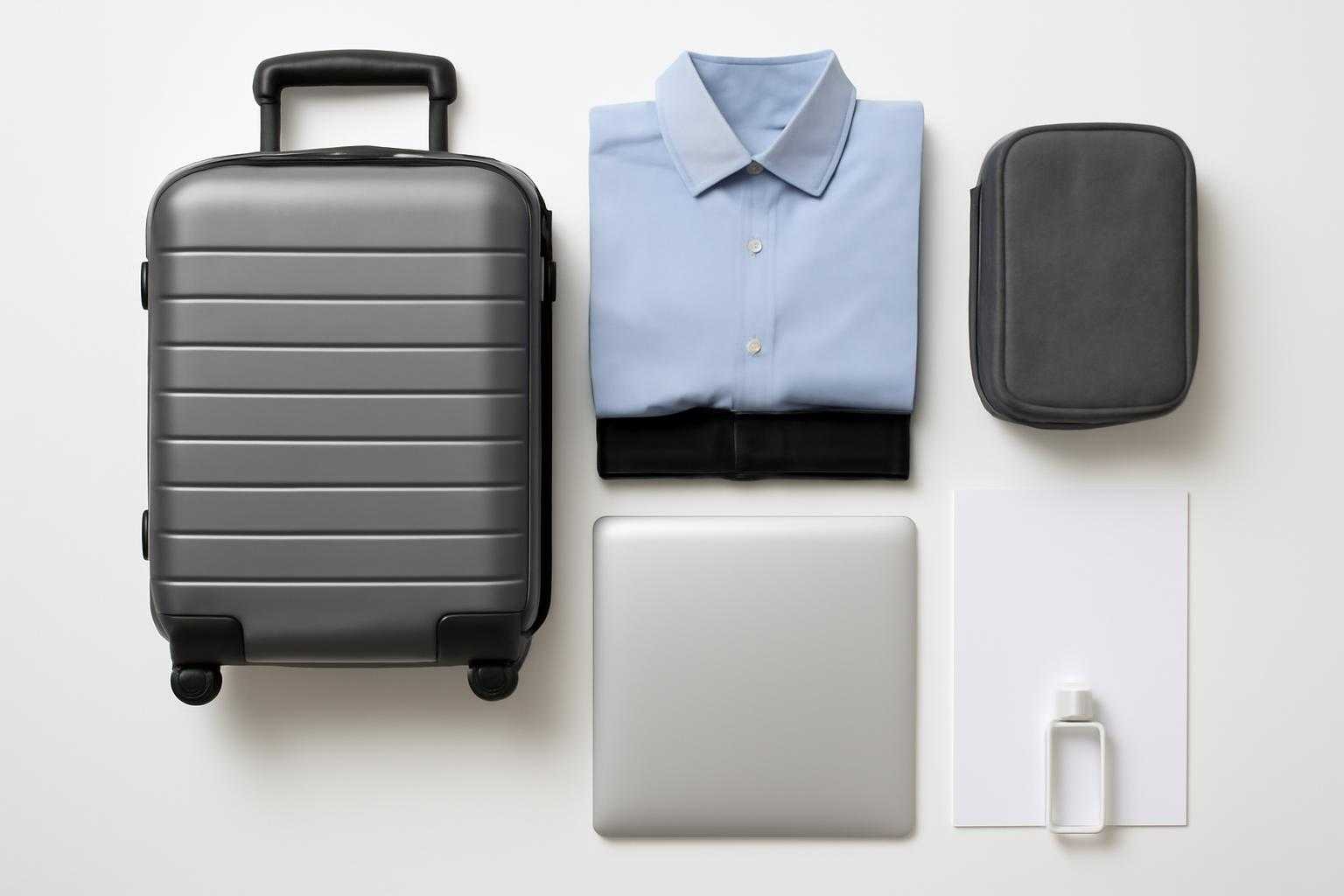 スーツケースと衣類、toiletries、ノートパソコンなど出張に必要な荷物が整理されている様子